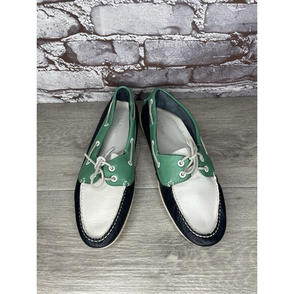LL Bean Blue Green White Leather Preppy Loafers Boat Shoes Women Sz 9M US/39.5EU - Picture 2 of 16